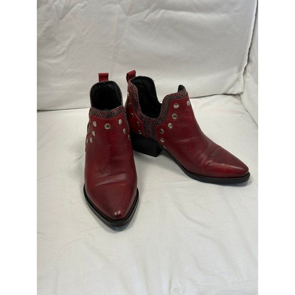 Foreva Red‎ Leather Studded Ankle Boots Snakeskin Trim Pointed Toe Western 39
